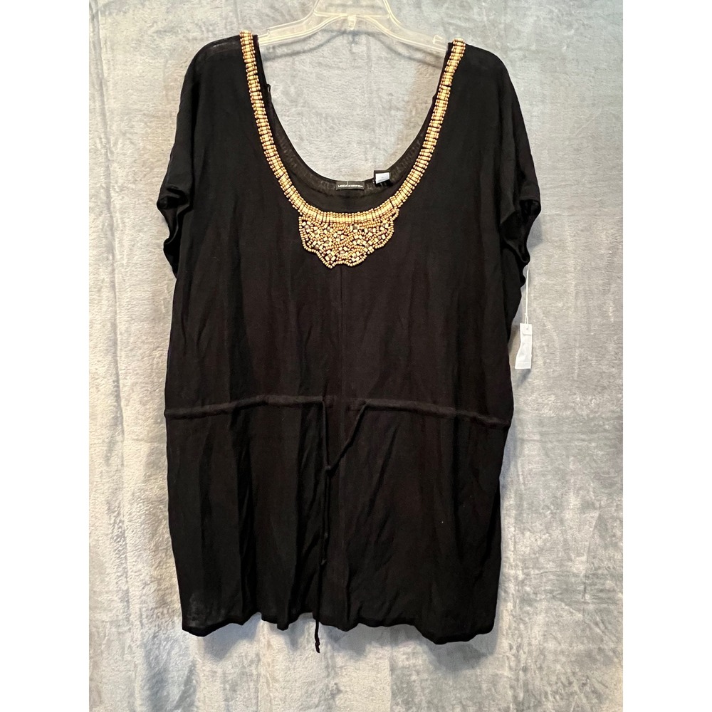Moda International Beaded Linen Blend‎ Tunic Top Women's Medium Black Bohemian